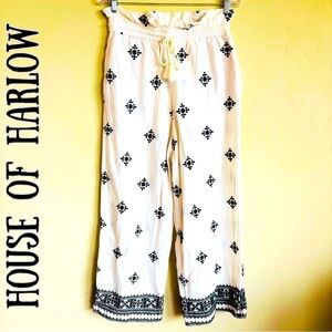 House of Harlow 1960 Linen Blend Bohemian Wide-leg Embroidered Drawstring Pants